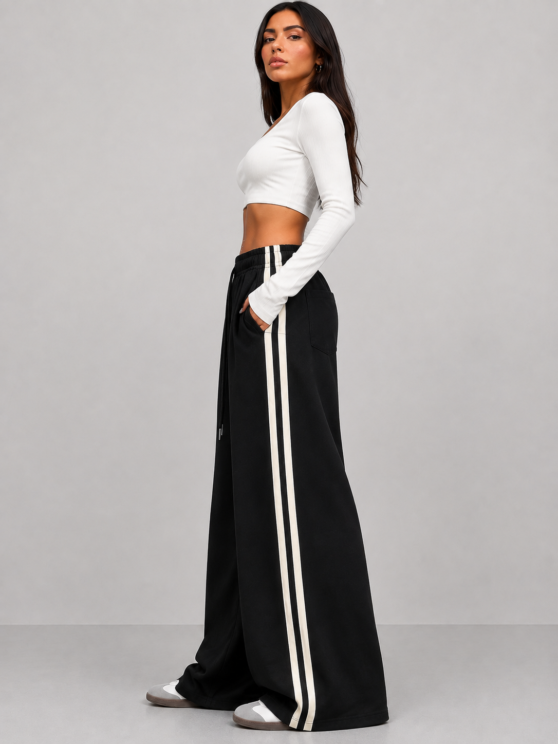STRIPE THEORY WIDE-LEG PANTS BLACK