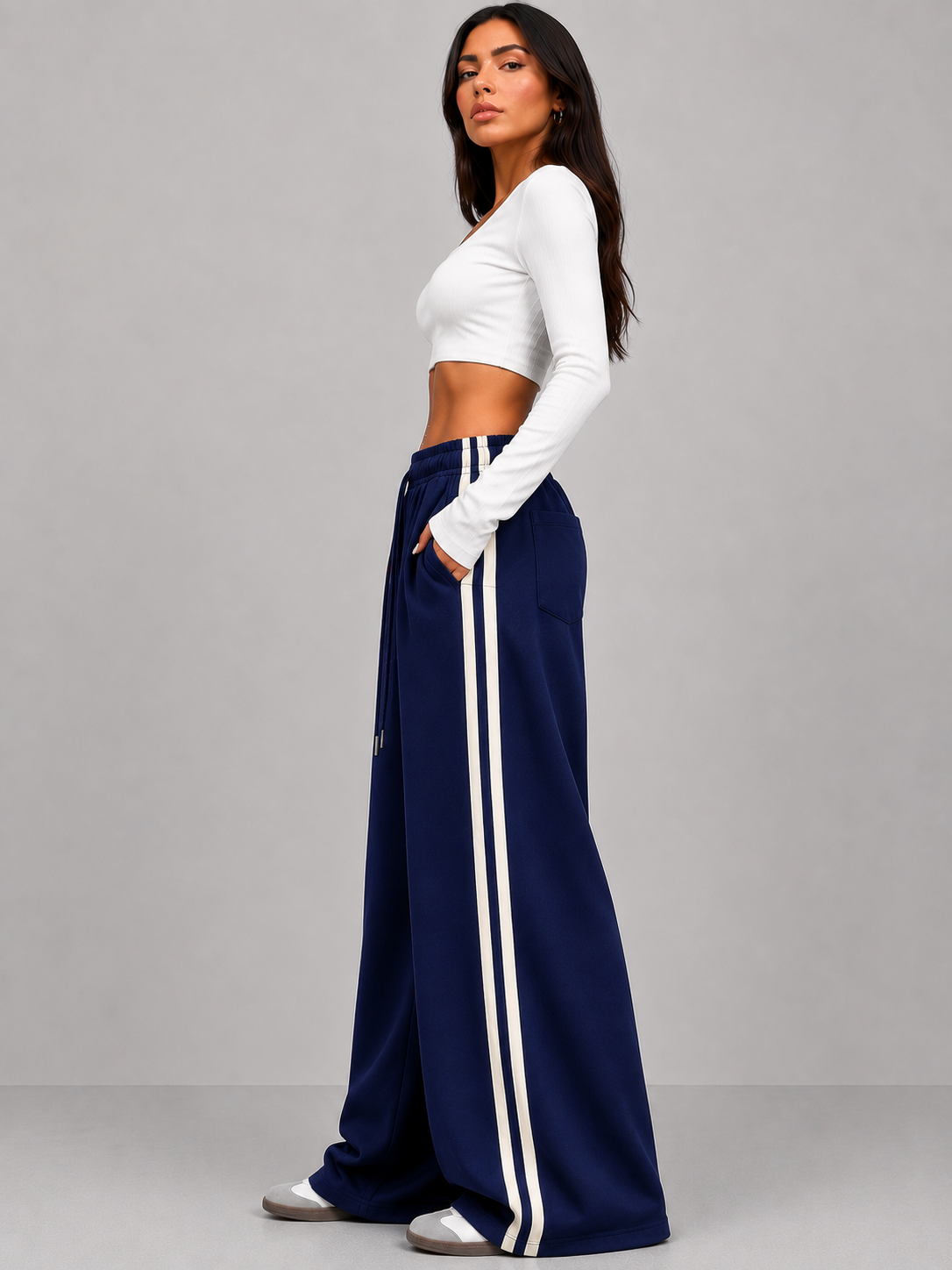 STRIPE THEORY WIDE-LEG PANTS BLUE