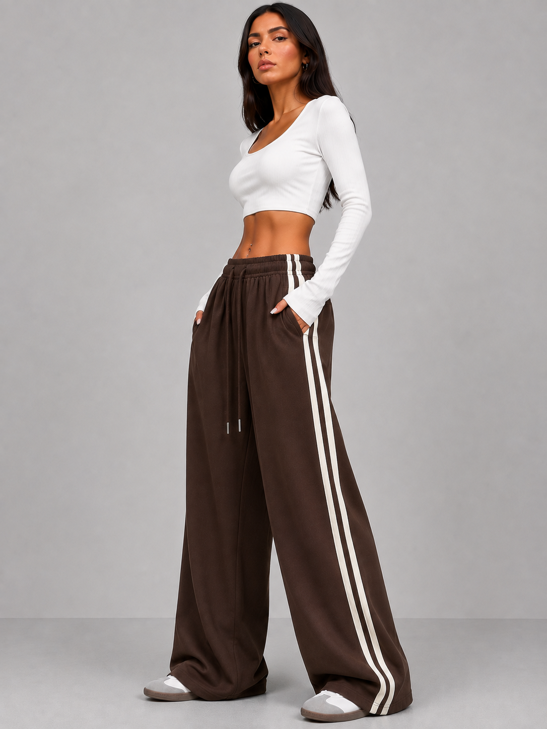 STRIPE THEORY WIDE-LEG PANTS BROWN