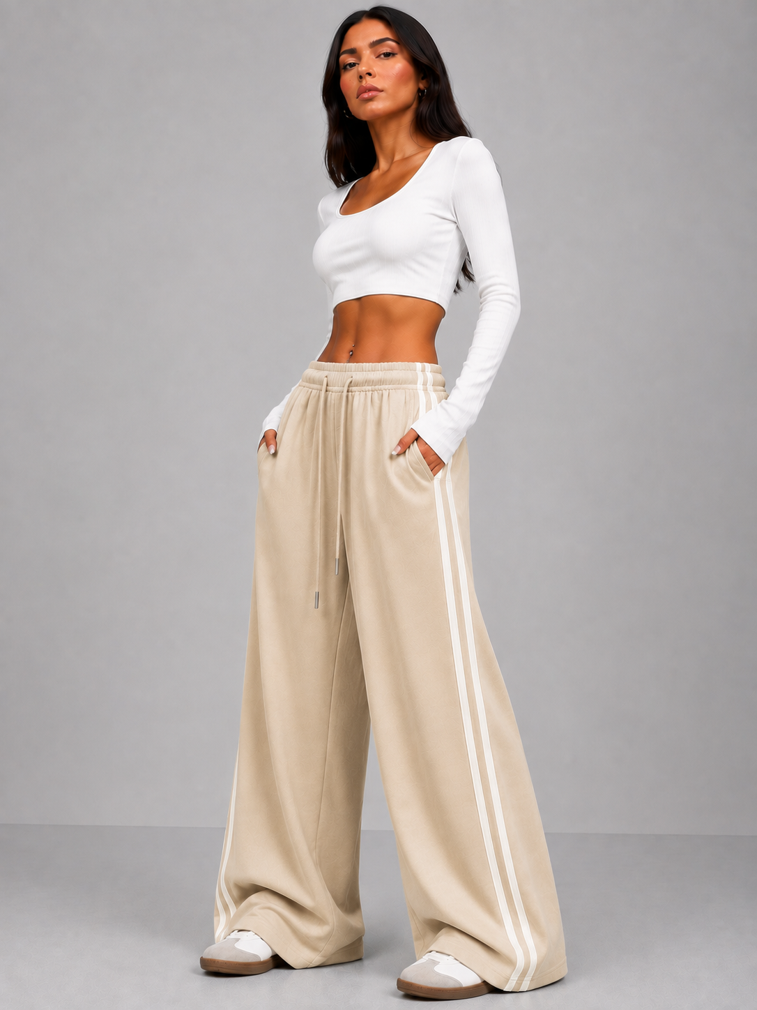 STRIPE THEORY WIDE-LEG PANTS BEIGE
