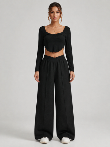 V-CUT WIDE-LEG PANTS BLACK