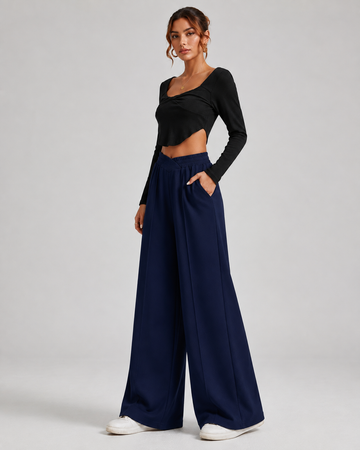 V-CUT WIDE-LEG PANTS BLUE