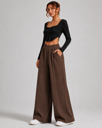 V-CUT WIDE-LEG PANTS BROWN