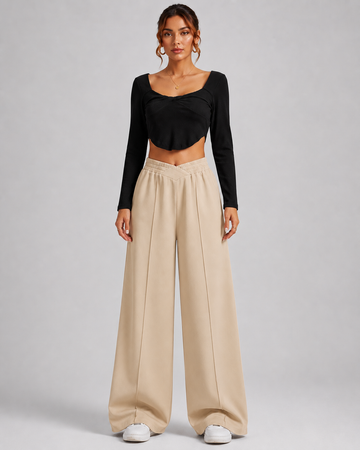 V-CUT WIDE-LEG PANTS BEIGE